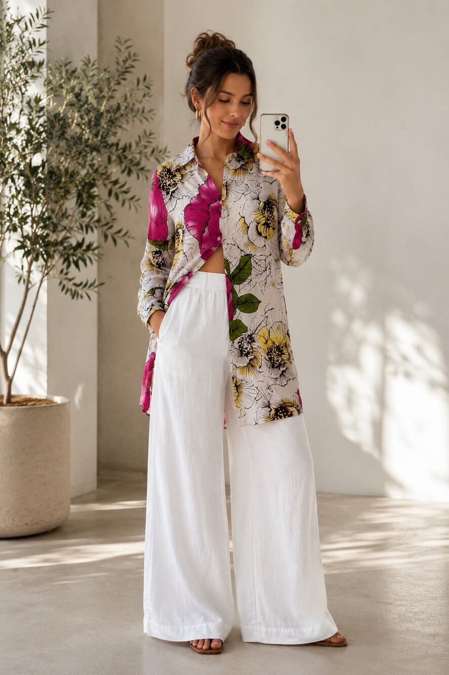 Y2K Kenar Women’s Floral Button Front Tunic Shirt Dress Sz 10 Cotton Silk Blend